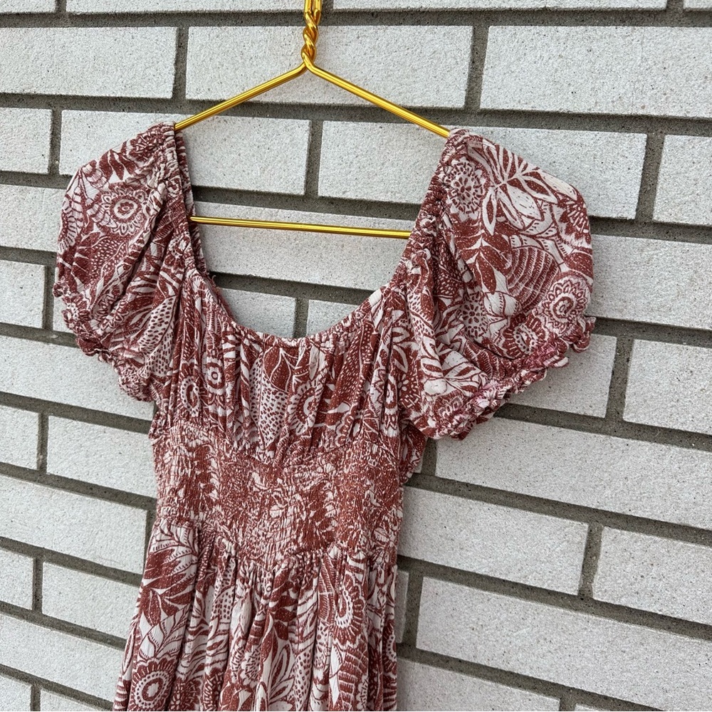 ANGIE Rust Red White Boho Floral Smocked Waist Tie Front Rayon Romper M Festival - Picture 10 of 10